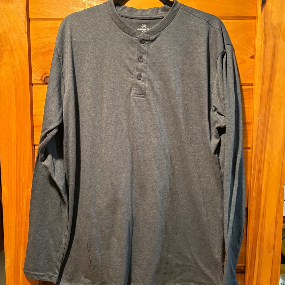 Real Essentials Mens XXL Henley Long Sleeve Shirt Gray Cotton Blend RN 166455